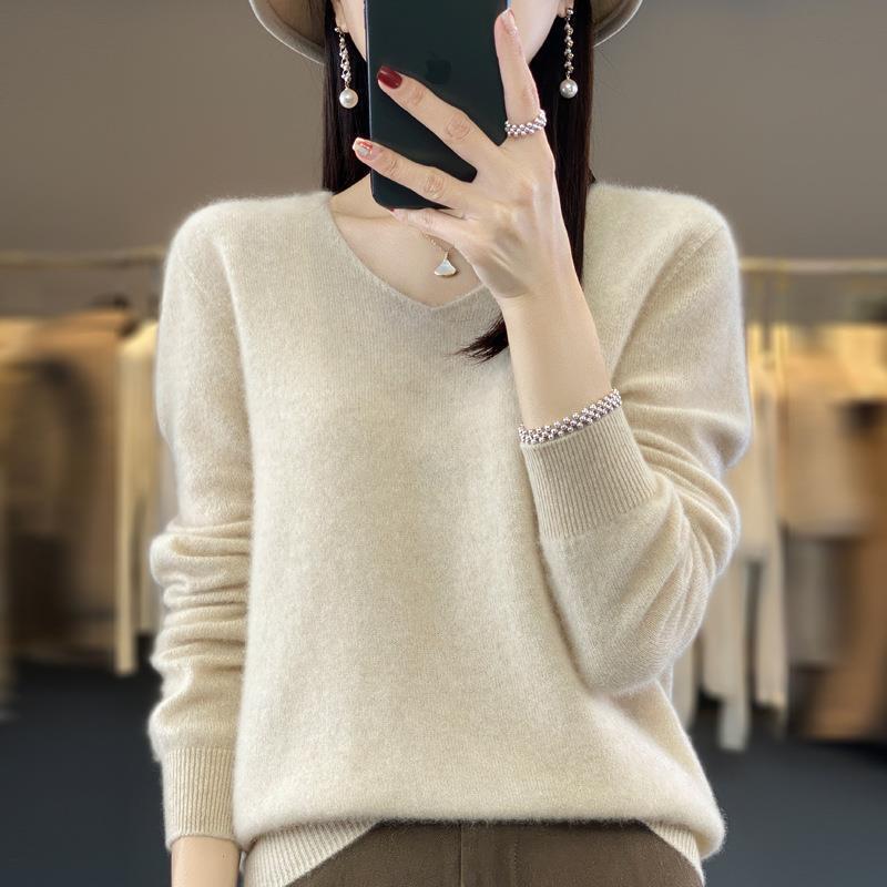 2024 A/W Women's V-Neck Loose Wool & Cashmere Sweater - Soft, Versatile Knit