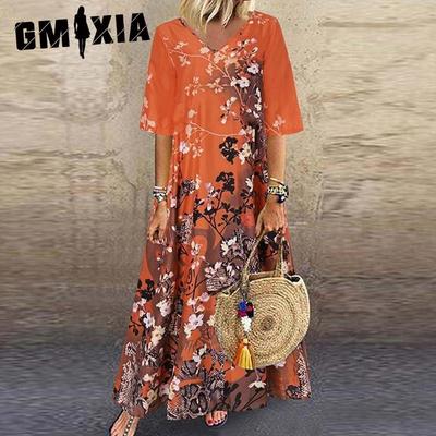 Long Dress V-Neck Casual Printed Long Plus Size Dresses