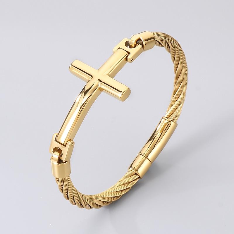 Kalen Chunky Stainless Steel Cross Bangle Men's Rock Hip Hop Mesh Chain Jewelry Shining Gold Color Accessories Gift