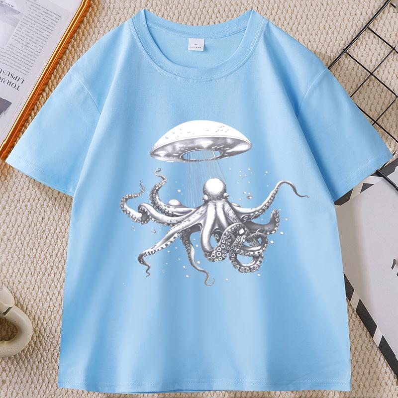 Vintage Octopus Ufo T-Shirt Cool Alien Octopus TShirt Unisex WOMEN Fashion Adult Baggy Tee Casual Breathable Loose Round Neck Tee
