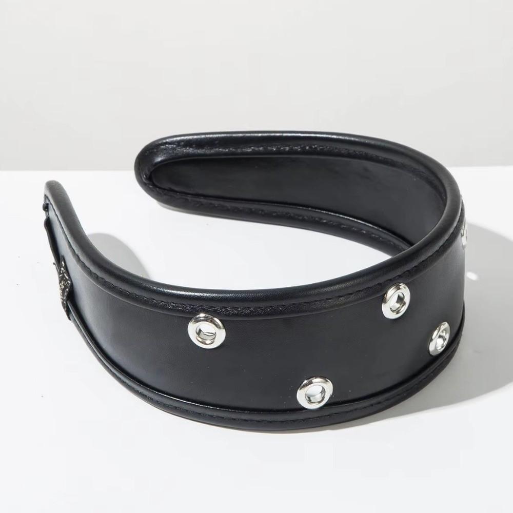 Punk Metal Rivets Headwear Black and Red Hollow Ring Hair Hoop Ins Leather Headband  Urban