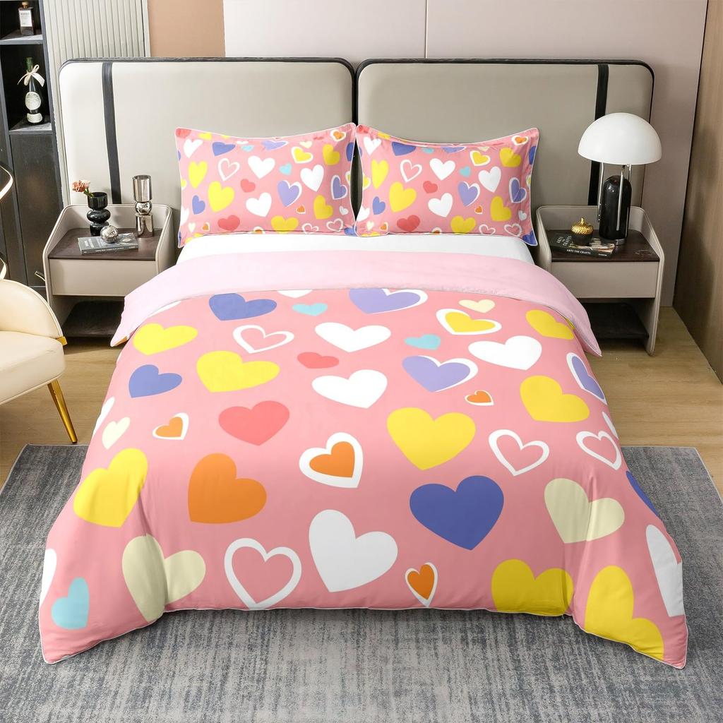 Colorful Rainbow Heart Duvet Cover Sets For Kids Boys Girls Queen Lightweight Quilt Covers Love Heart Bedding Sets Bedroom Decor