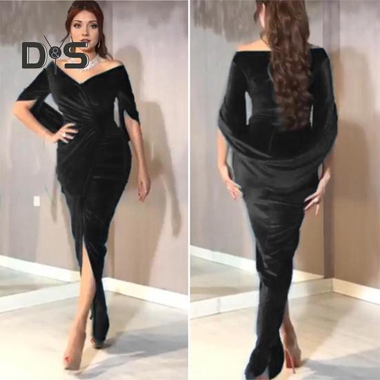 Abendkleid für Damen, schmal, plissiert, schulterfrei, Schlitz am Saum, halbe Ärmel, jährliches Symposium, Hochzeit, Party, Abschlussball, Maxikleid, Ballkleid