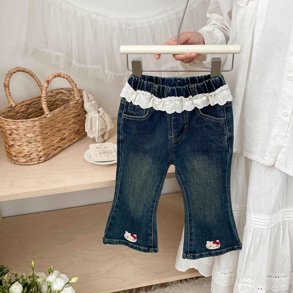 Girls' Cartoon Cat Embroidered Flared Denim Jeans with Lace Waist - Super Sweet Autumn Pants