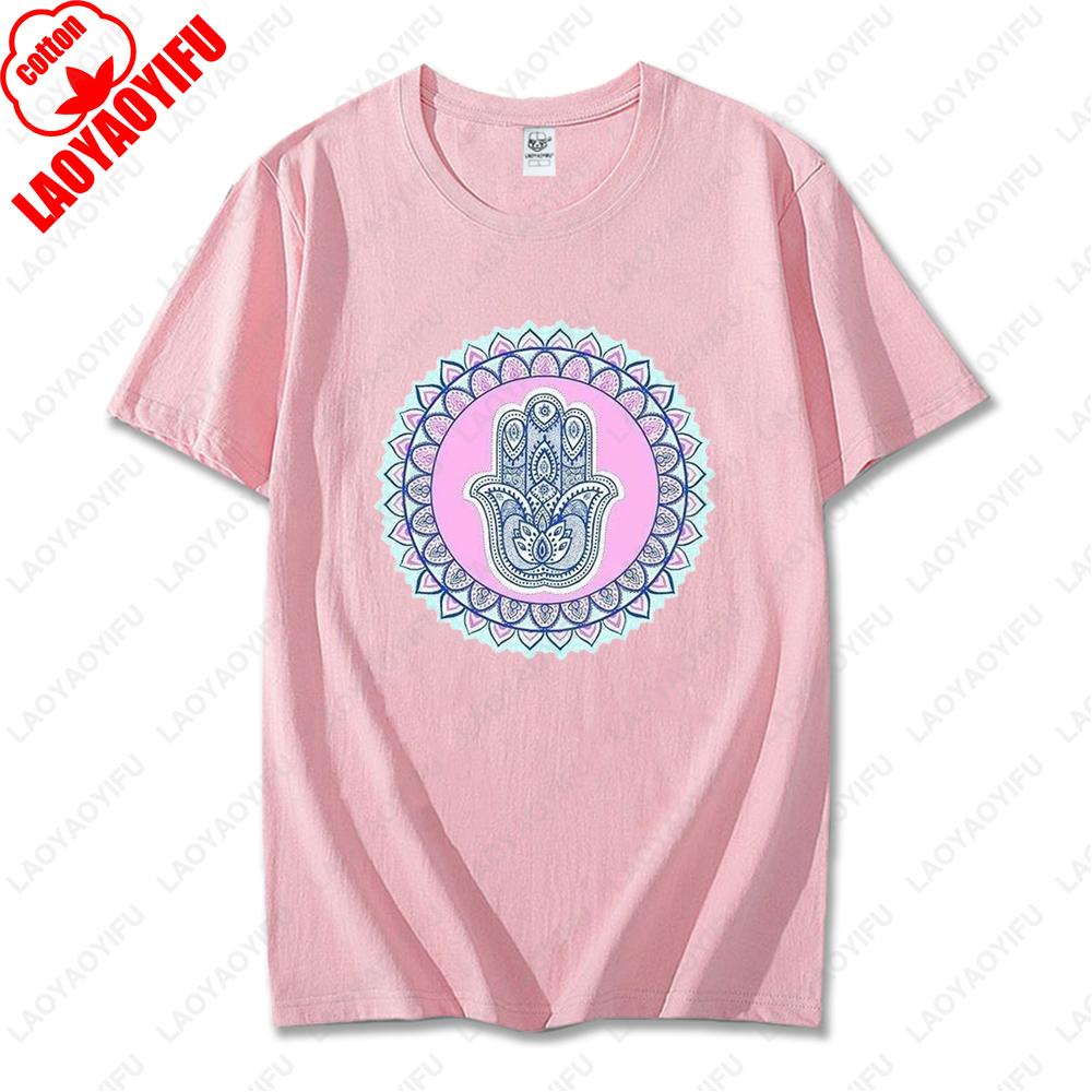 Blue Hamsa Hand Spiritual Protection Cotton Tops for Men Women Namaste Mandala Graphic Regular Short Sleeve Funny Casual Tshirt