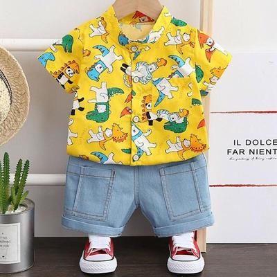 Summer Kids Tracksuits Boy Girl Floral Shirts Short Sleeves Denim Shorts Cartoon Outfits Set HolidayTravel