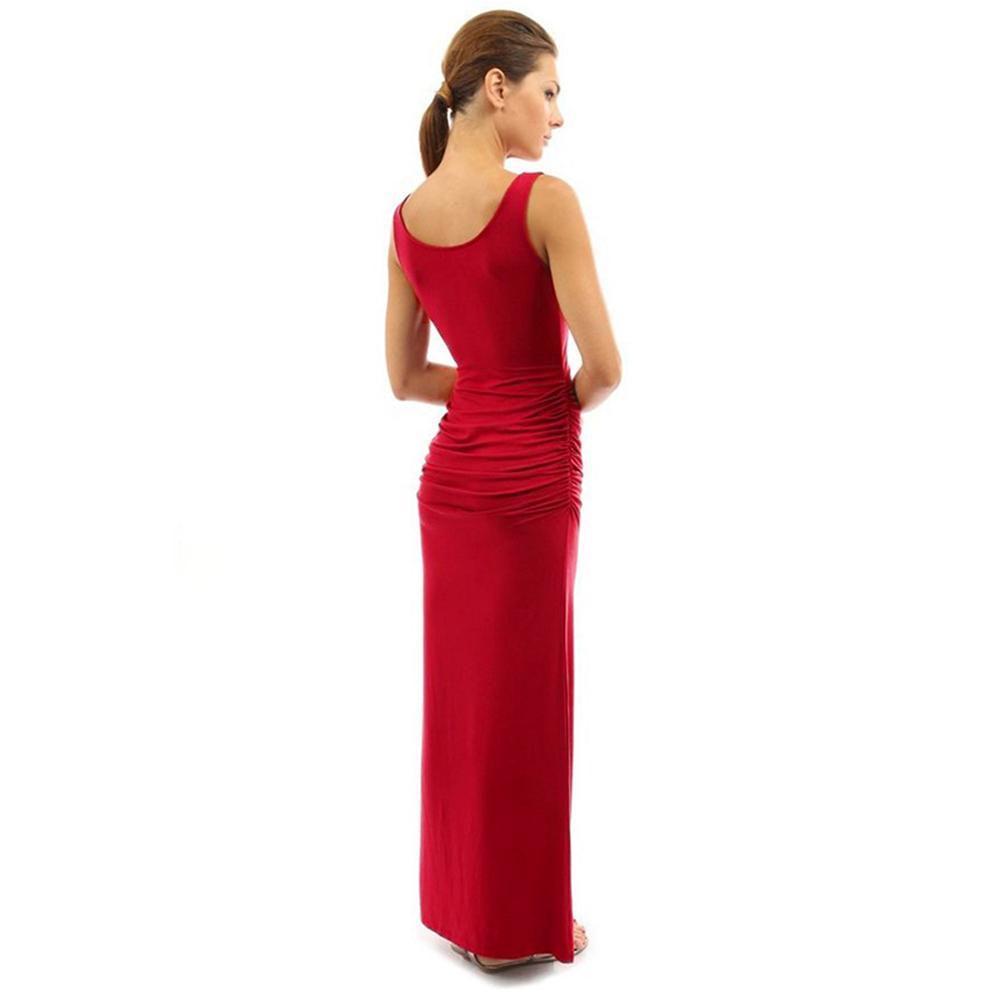 Elegant Summer Women Round Neck Slim Pleated Skirt Long Dress Sleeveless Split Swing