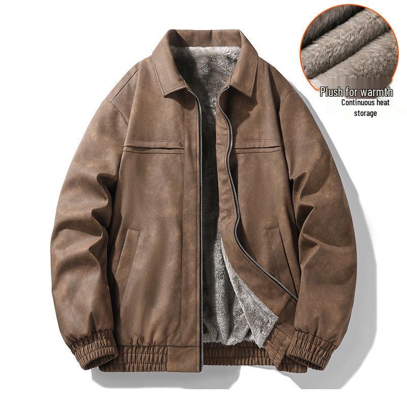 Men's Fleece-Lined Leather Jacket: Warm, Windproof, Versatile Winter Coat with Turn-Down Collar