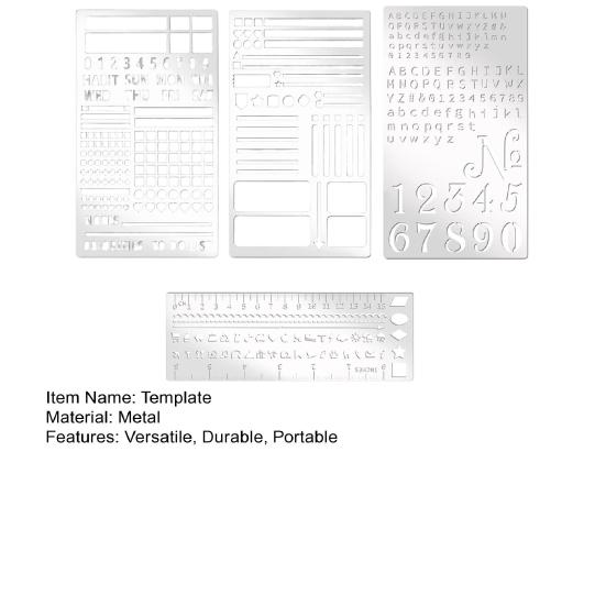 4Pcs Metal Planner Stencil Set Rustproof Engraving Stencils for Journaling Scrapbooks Rulers Numbers Letters Decorative Shapes Templates for Beginners