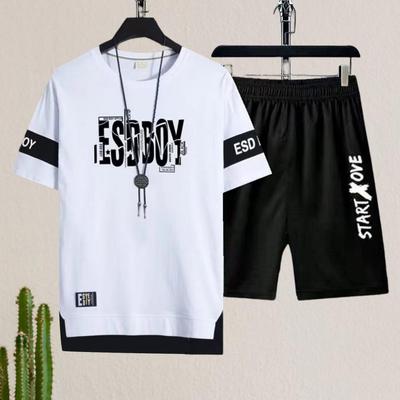 2Pcs/Set Men Sport Outfit O-neck Short Sleeve Tee Shirt Elastic Waist Pockets Shorts Set Letter Print Sport Suit