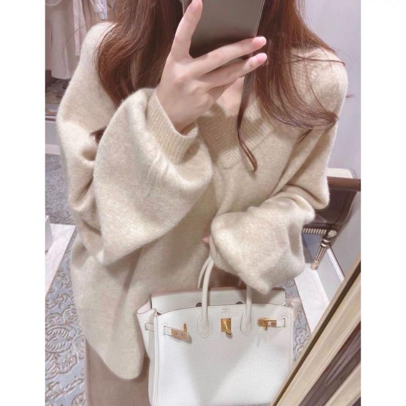 

Модный женский свитер с V-образным вырезом, осенний, зимний, новый, свободный, с рукавами-фонариками, свитера, топы, элегантный, повседневный, облегающий, мягкий, теплый, женский трикотаж 25325 One Size бежевый