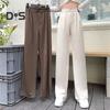 Women Suit Pants Button Zipper Fly High Waist Long Trousers Solid Color Straight Wide Leg Office Lady Pants