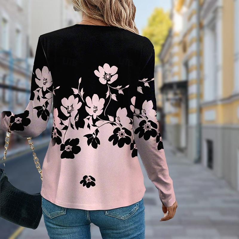 Women Autumn Tops Blooming Flowers Print Causal Long Sleeve T-shirt Top Blouse