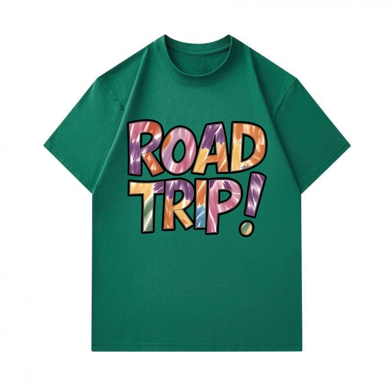 Men's 100% Cotton Crew Neck Short Sleeve T-Shirt, Fun Road Trip! Slogan Print Casual Summer Tee, Comfortable Breathable Daily Wear Top for Travel Holi