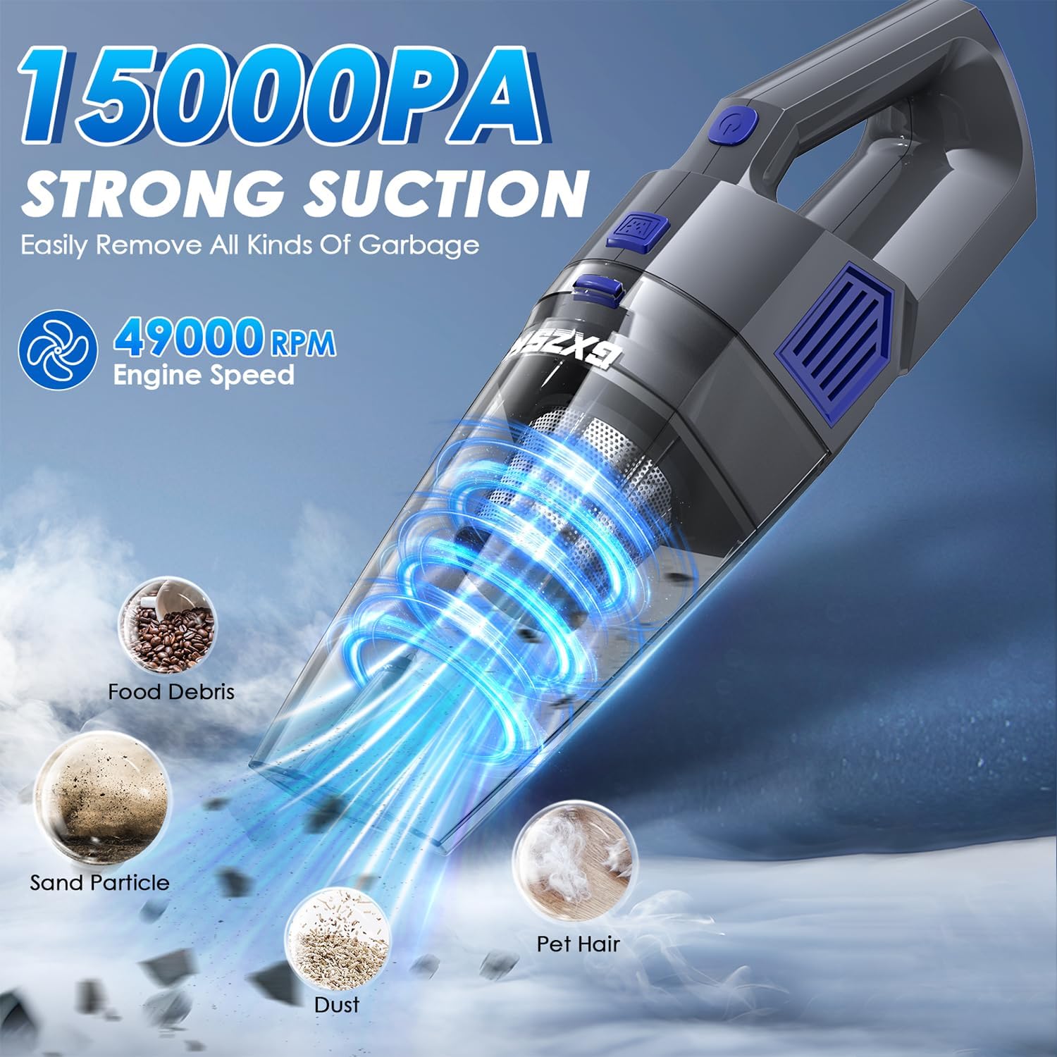 Handheld Vacuum Cordless, 15000PA Strong Suction Hand Held Car Vacuum Cleaner Rechargeable, Portable Hand Vacuum with Multi-Nozzles & Washable Filter