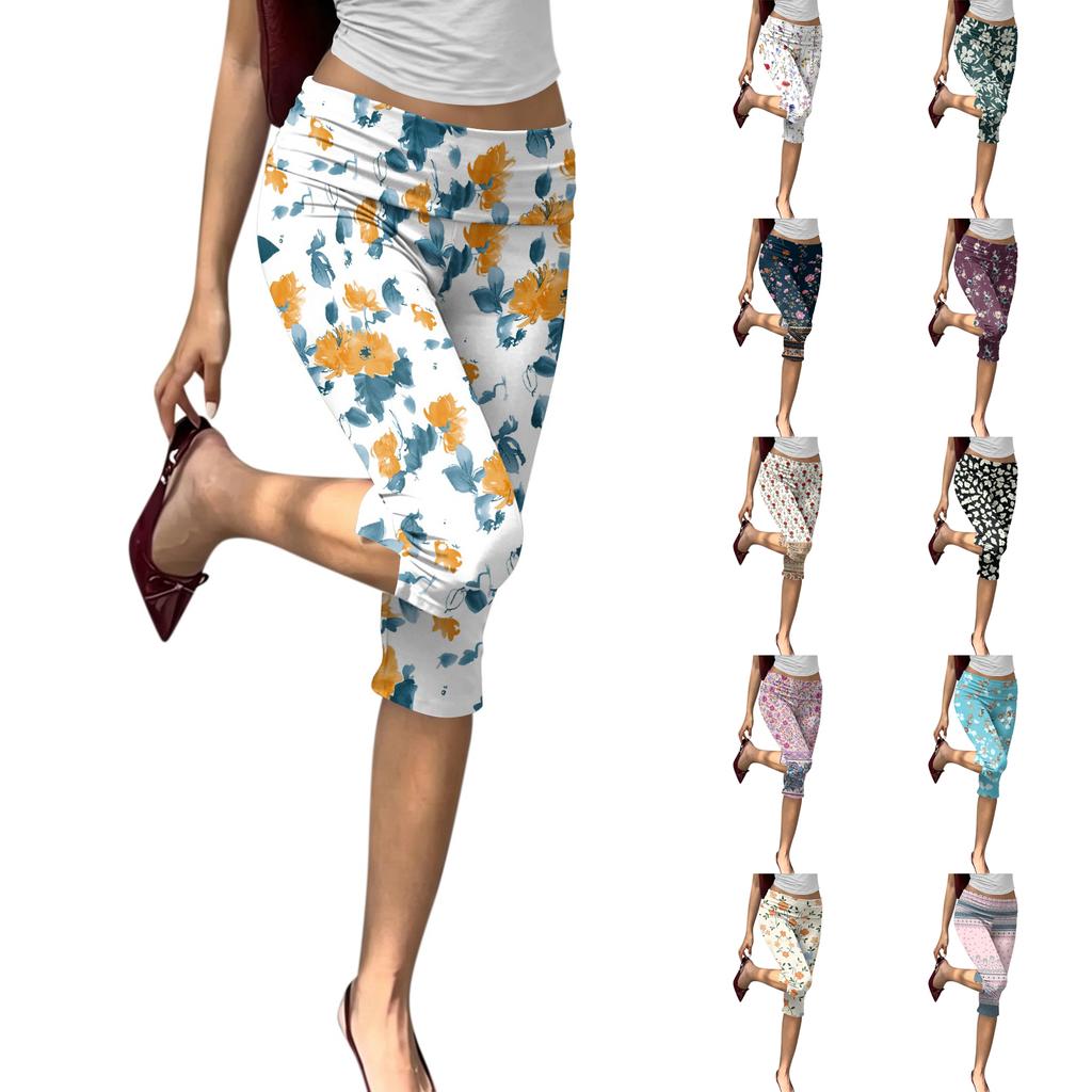 Women's Slim Fit Printed Cropped Pants with Pleated Detail Elastic Waistband and Mid-Calf Length Suitable for Casual Wear and Outdoor Activities