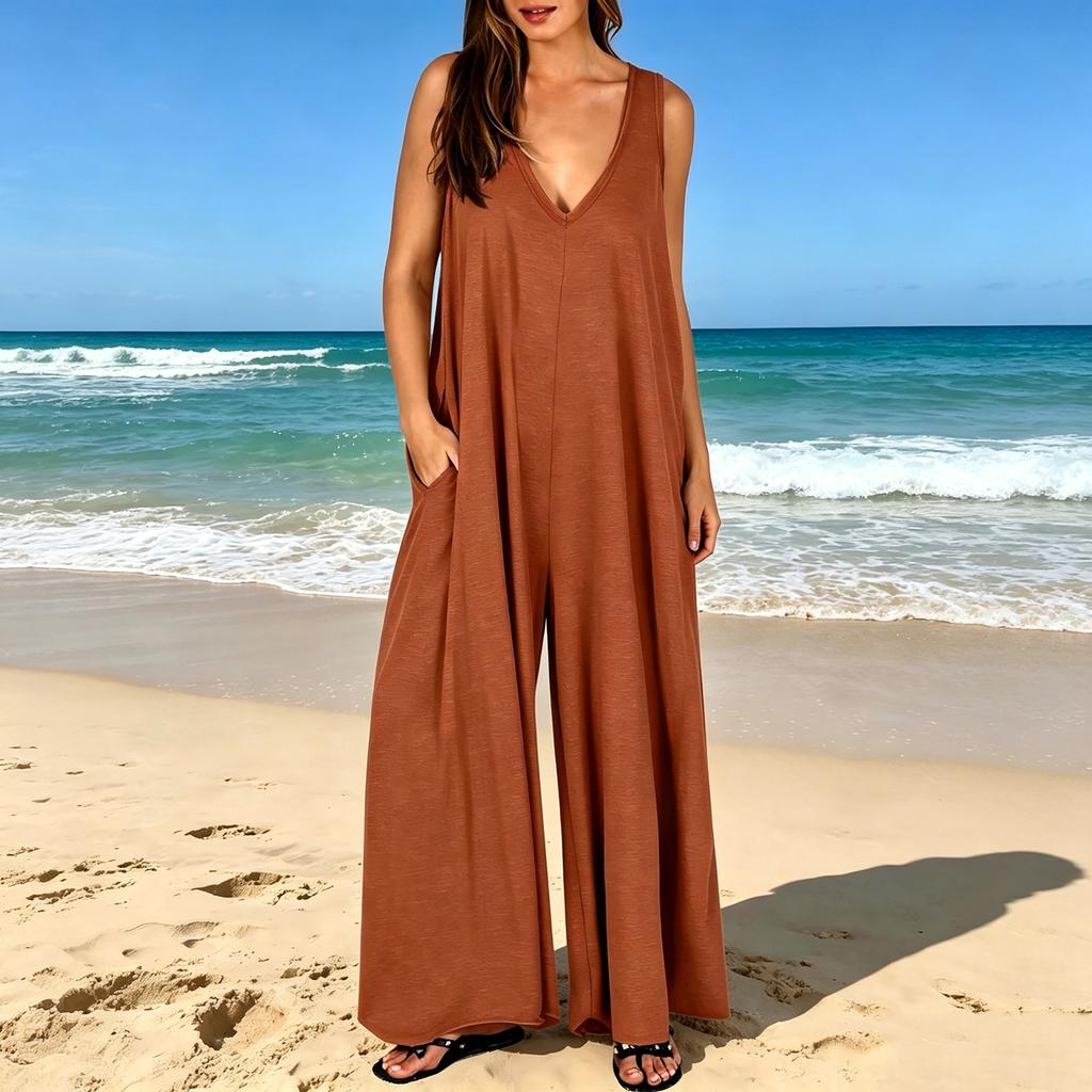Women's Sleeveless Jumpsuit Wide Leg Pocket Romper V Neck Casual Loose Fit One Piece Outfit
