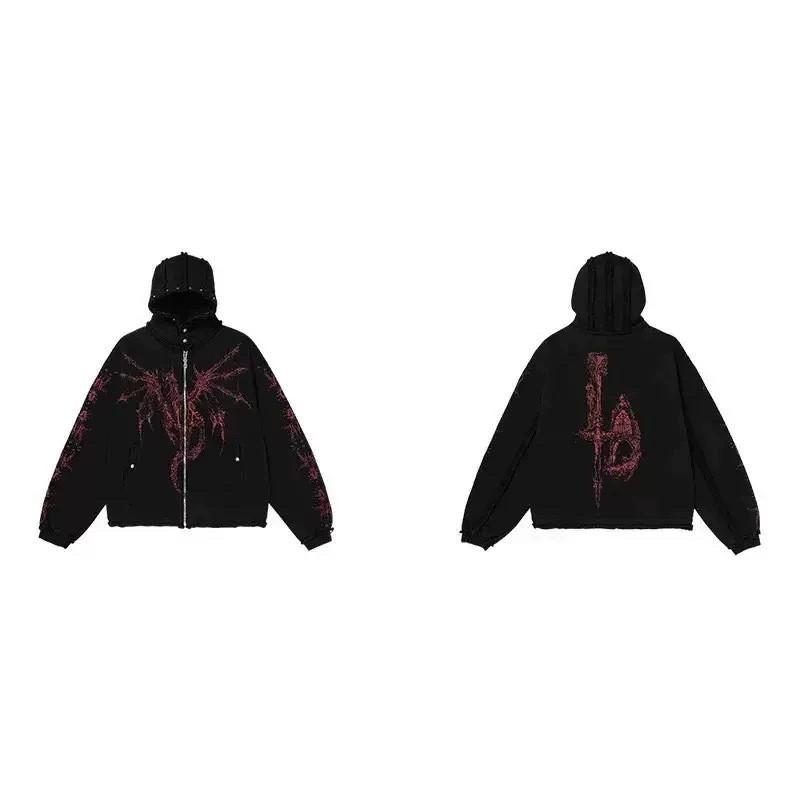 Mens Oversized Hooded Zip-Up Sweatshirt With Bold Graphic Print Cotton Fleece Loose Fit Streetwear Winter