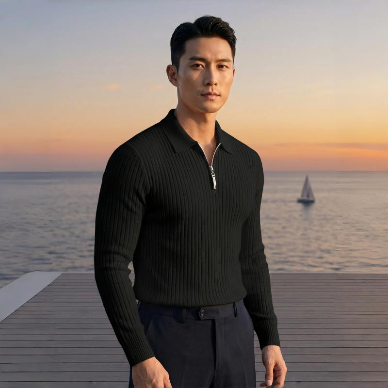 

Men’s Premium Ribbed Knit Half-Zip Polo Shirt Slim Fit Soft Stretch Fabric Elegant White Long Sleeve Top for Office & Casual Wear | S–XXL Available S