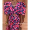 New European, American, Printed Casual V-neck Tight-fitting Hip-wrapped Waist Bubble Short-sleeved Dress
