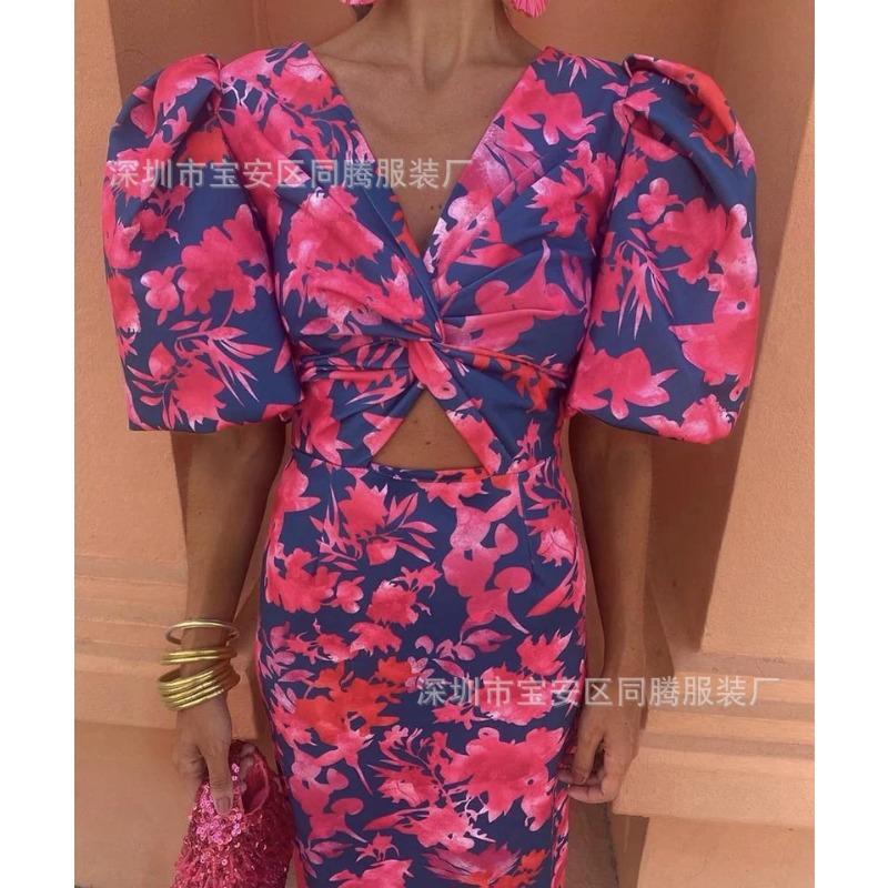 New European, American, Printed Casual V-neck Tight-fitting Hip-wrapped Waist Bubble Short-sleeved Dress