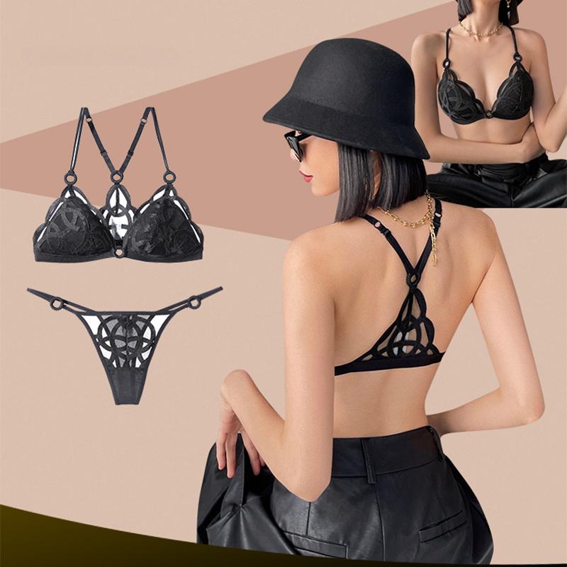 French Sexy Backless Lingerie Lace Ultra Thin Bra Set for Women Summer Triangle Soft Cup Mesh Breathable Brassiere and Thong Set