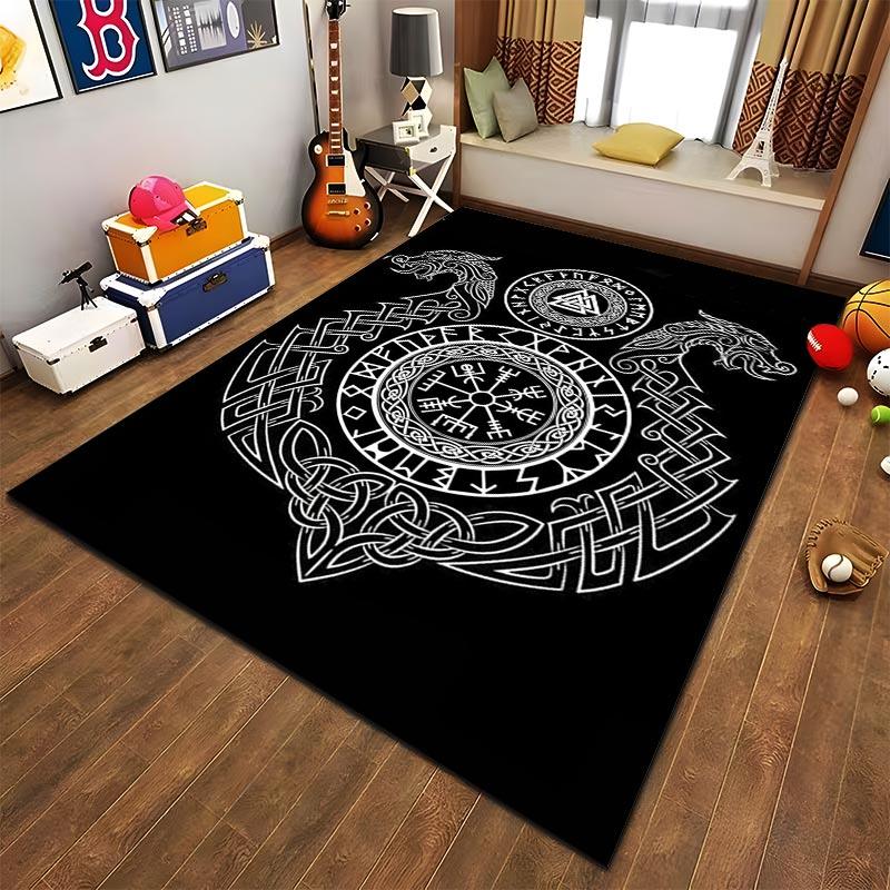 "Nordic Viking Black Carpet with Runes, Dragon Symbols, and Knotwork" Suitable for Use As an Anti-slip for Living Room Bedroom Sofas