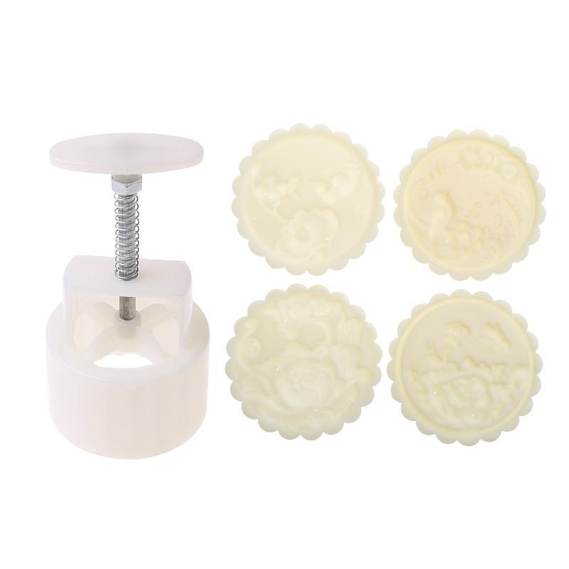 24TE Mooncake Mold with 4pcs Flowers Stamps Hand Press Moon Cake Pastry Mould