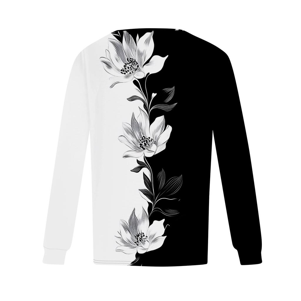 Women's Fashion Casual Pleated Round Neck  Print Long Sleeve T-Shirt Top