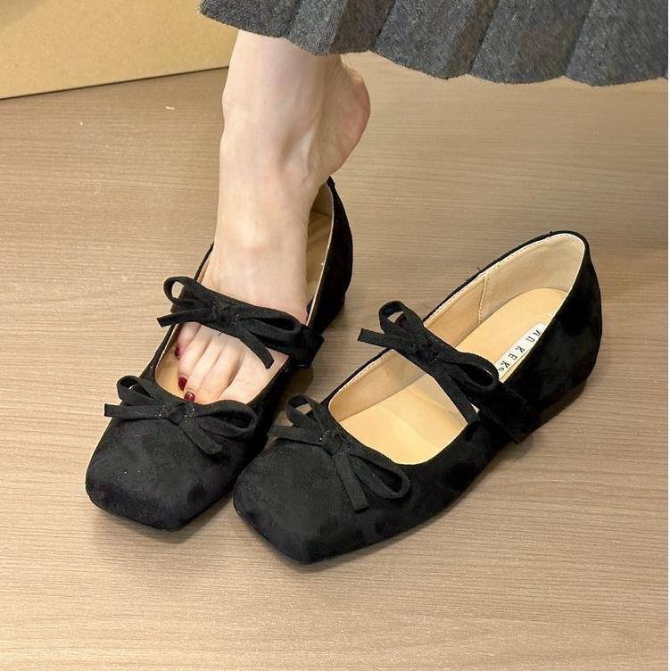

2025 Spring and Autumn New Elegant Style Mary Jane Purple Suede Double Bow Fashion Single Shoes Square Toe Height Increase 36 чёрный