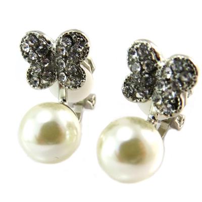 [P4713] - Silver White 'Sissi' Creator Clip Earrings (butterflies) - 18x10 Mm