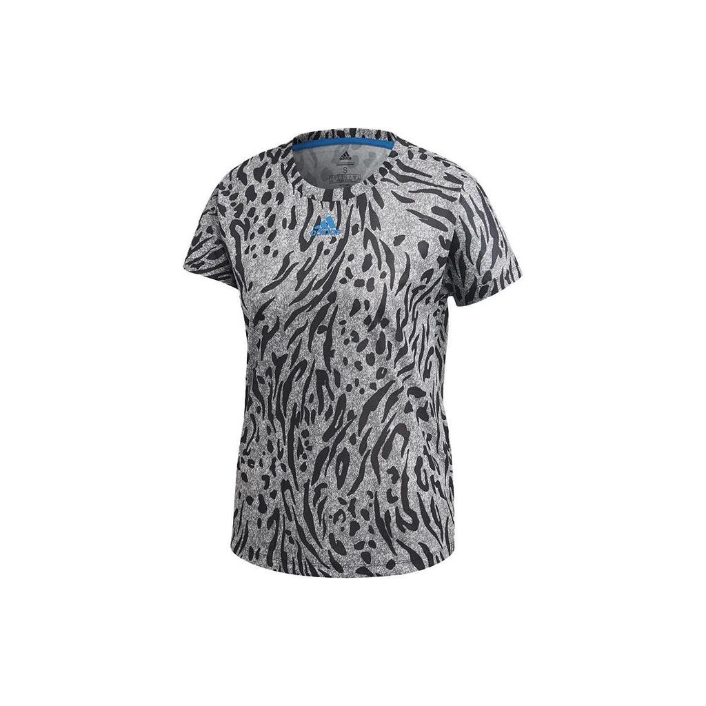 Adidas All Over Print Round Neck Sports Short Sleeve T-Shirt Women Tops Black FN1483