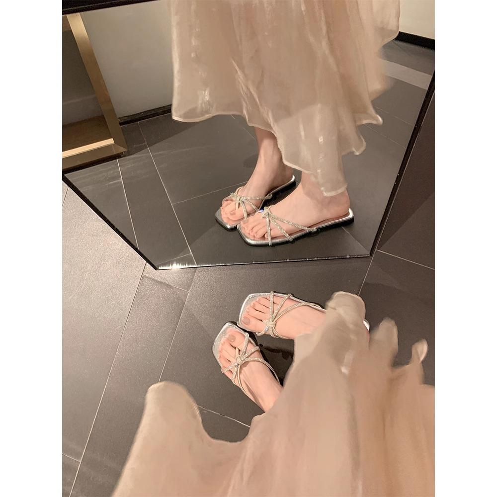 Sheepskin Version~ Rhinestone Thin Strap Toe Flat Bottom Flip-flops Women's Sandals Outside