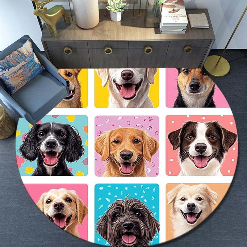 Happy Dog Round Area Rug,Carpet Rug for Living Room Bedroom Sofa Playroom Decor,Non-slip Floor Mat