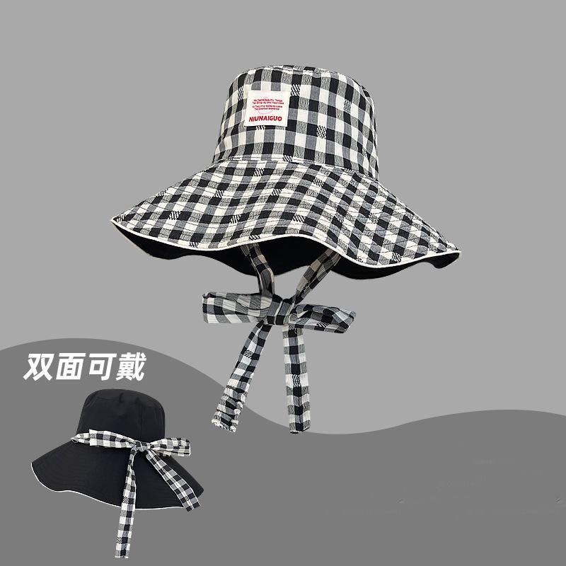 Double-sided Plaid Fisherman's Hat Children's Summer Thin UV-proof Foldable Large Brim Sunshade Sun Hat