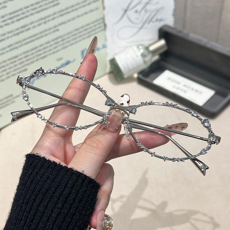 Новые овальные очки с блестящим бантом Женские Корейский стиль Элегантная металлическая оправа Модные солнцезащитные очки