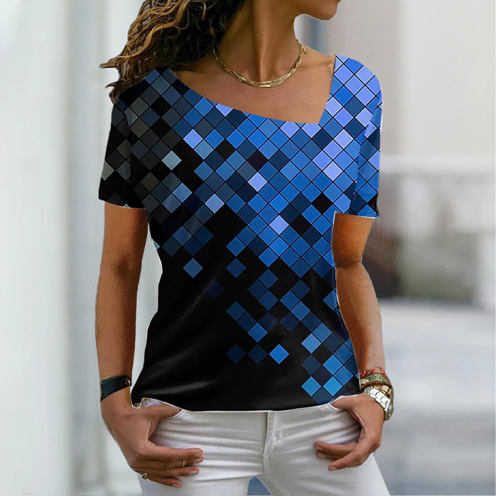 

Женские футболки с 3D принтом и цветными блестками, нерегулярным воротником и короткими рукавами для прогулок XL синий