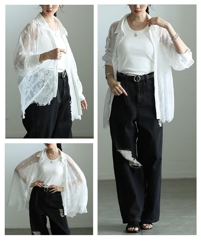 la Layering Fun Lace Scalloped Shirt Top Blouse Cardigan Lace Long Sleeve Layering Sheer Casual Spring Summer Spring Clothes Summer Clothes Free Size