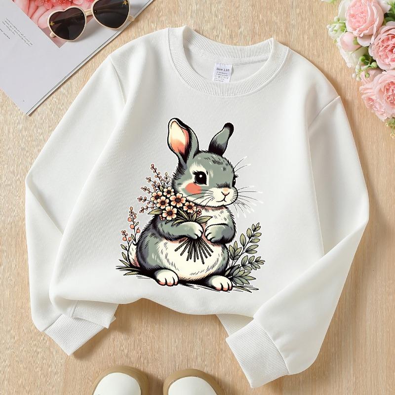 Kids Crewneck Sweatshirt, Cute Rabbit Holding Flower Bouquet Print, Soft Casual Pullover for Fall Winter
