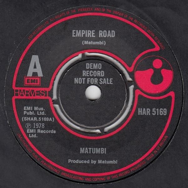 

7-дюймовая пластинка MATUMBI Empire Road HAR5169PROMO Harvest 1978 UK Регги Ска Даб Б/у