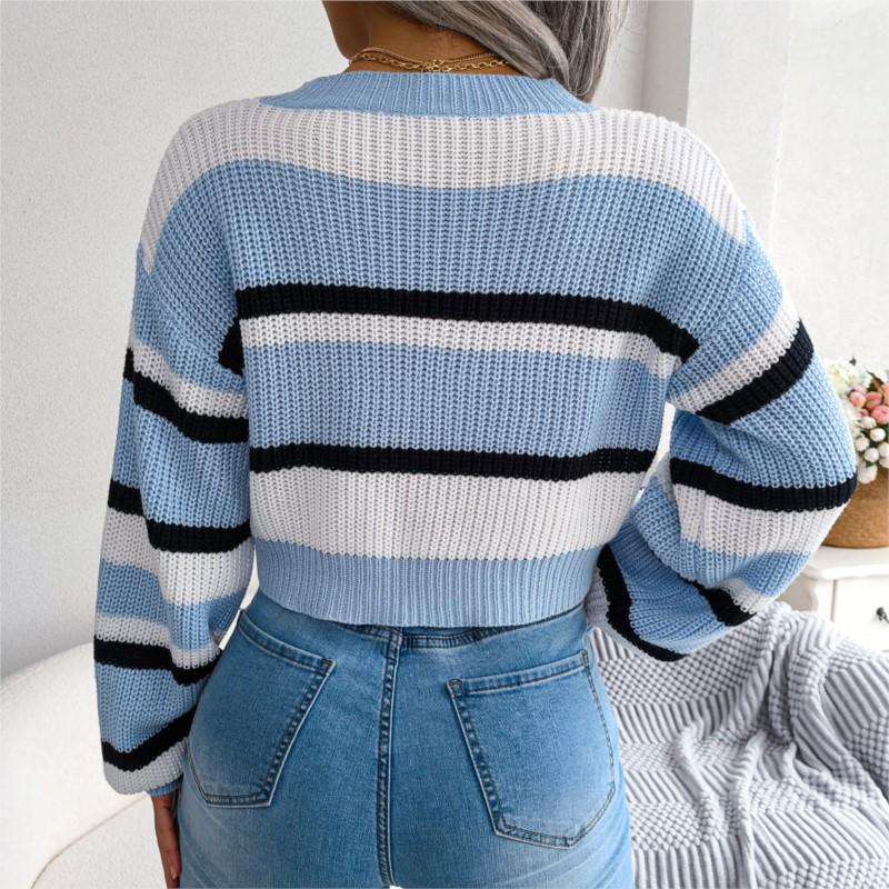 Trendiger Damen Strickpullover Herbst Winter Lässig Gestreift Langarm Offener Nabel Gestrickter Kapuzenpullover Neues Produkt