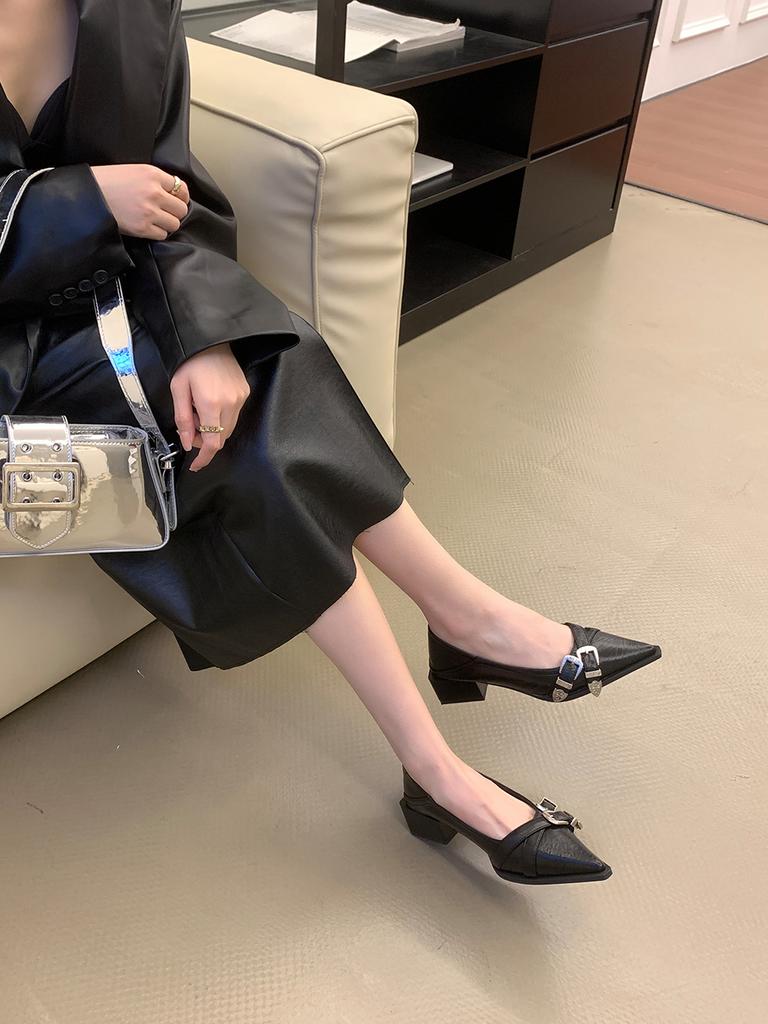 Fashion Pointed Toe Women Loafers Black Silver Brown Mid Heeled Belt Buckle 2024 New Arrivals Fashion Dress Shoes Woman Size 35-39 Pumps