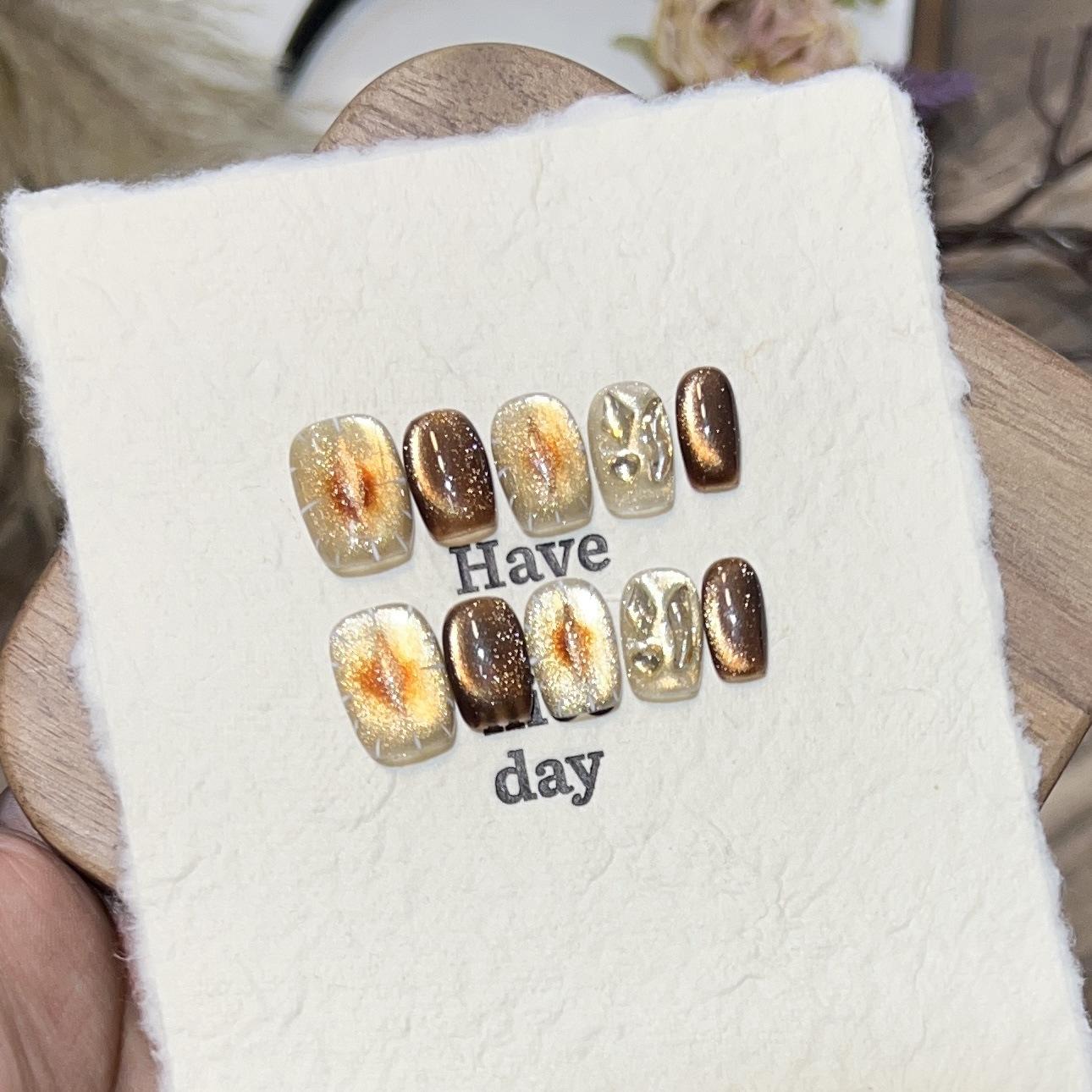

Pure Handmade Nail Patch Fake Nails Daily Short Chocolate Color Cat Eye Broken Diamond Year Wearable Nail Patches Can Be Removed Extra Small XS