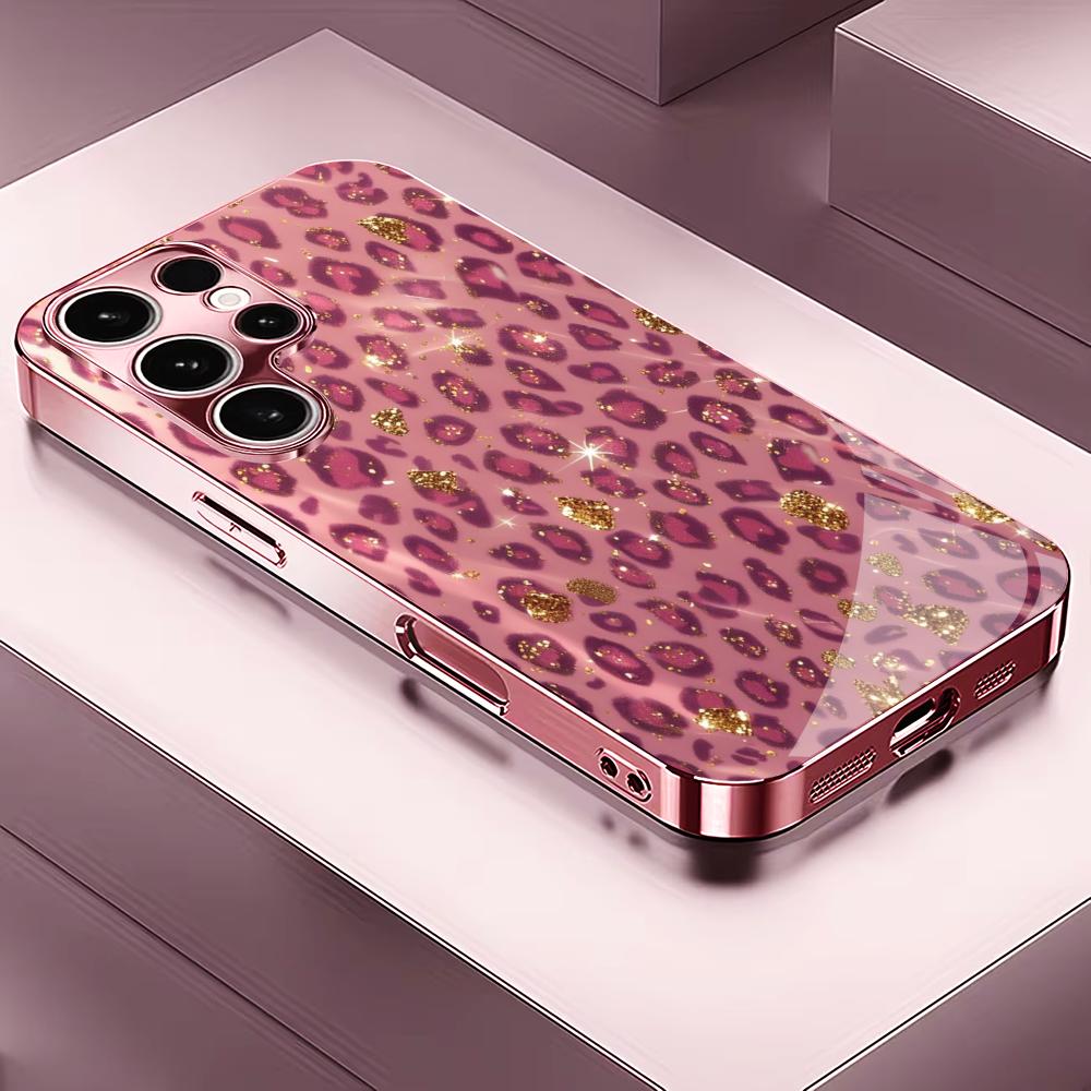 Pink leopard print PhoneCase for Samsung Galaxy S26 S25 S24 S23 S22 FE Ultra Plus Built-in glass feel bare machine Women's style
