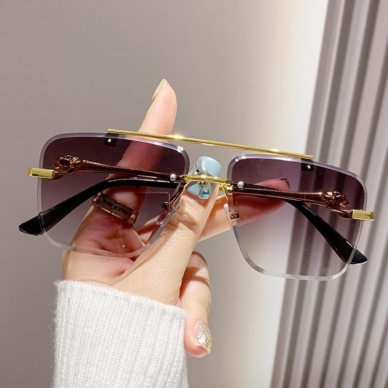 Rimless Square Pilot Sunglasses Women For Men Fashion Vintage Luxury Brand Designer Sun Glasses Punk Metal Gold Leopard Shades