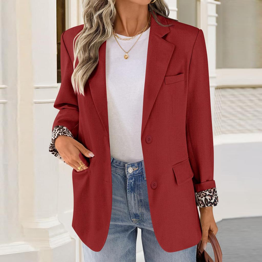 Women’s Long Sleeve Lapel Blazer with Leopard Print Cuffs Single Breasted Button Closure Classic Fit Jacket for Office or Casual Wear
