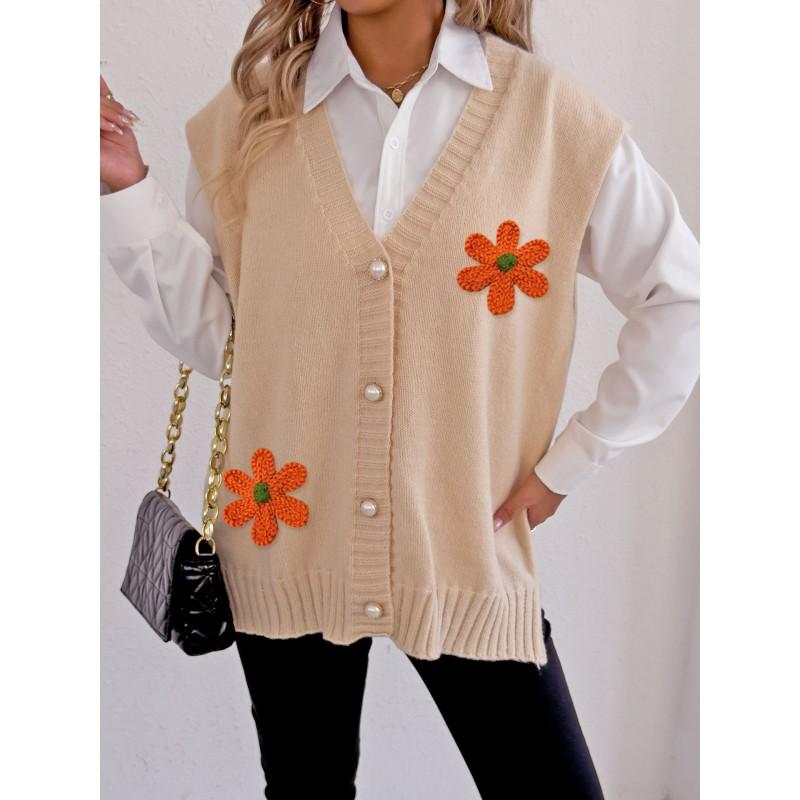 Womens Winter Knit Vest Loose V-Neck Open Front Cardigan With Pearl Buttons 3D Floral Embroidery