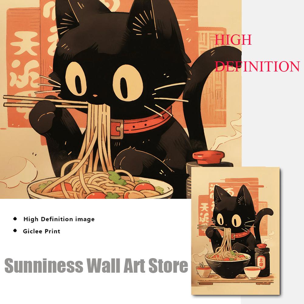 Japanese Noodle Black Cat Posters Funny Ramen Noodles Kitchen Wall Art PrintsCanvas Painting Pictures for Restaurant Home Decor