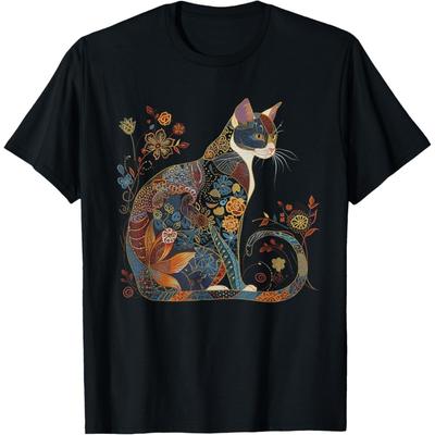 Cat Colorful Floral Patterns Vintage Flowers Art Cat Lover T-Shirt