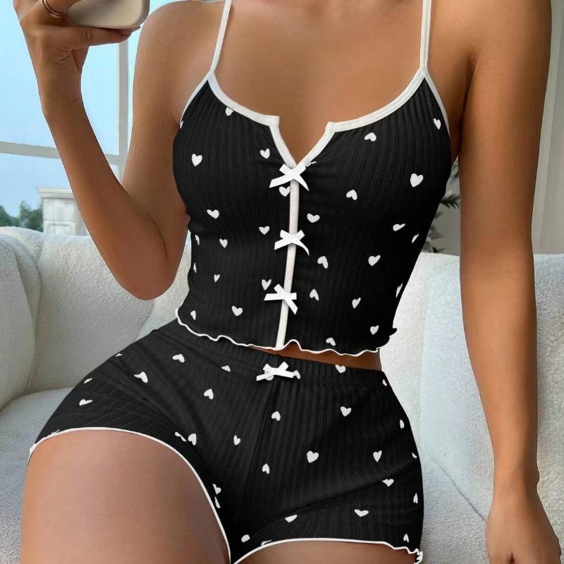 Sleepwear Women Pajamas Set Heart Print Soft Ribbed Fabric with Flirty Frill Trim Casual Top and Shorts Sets Loungewear New